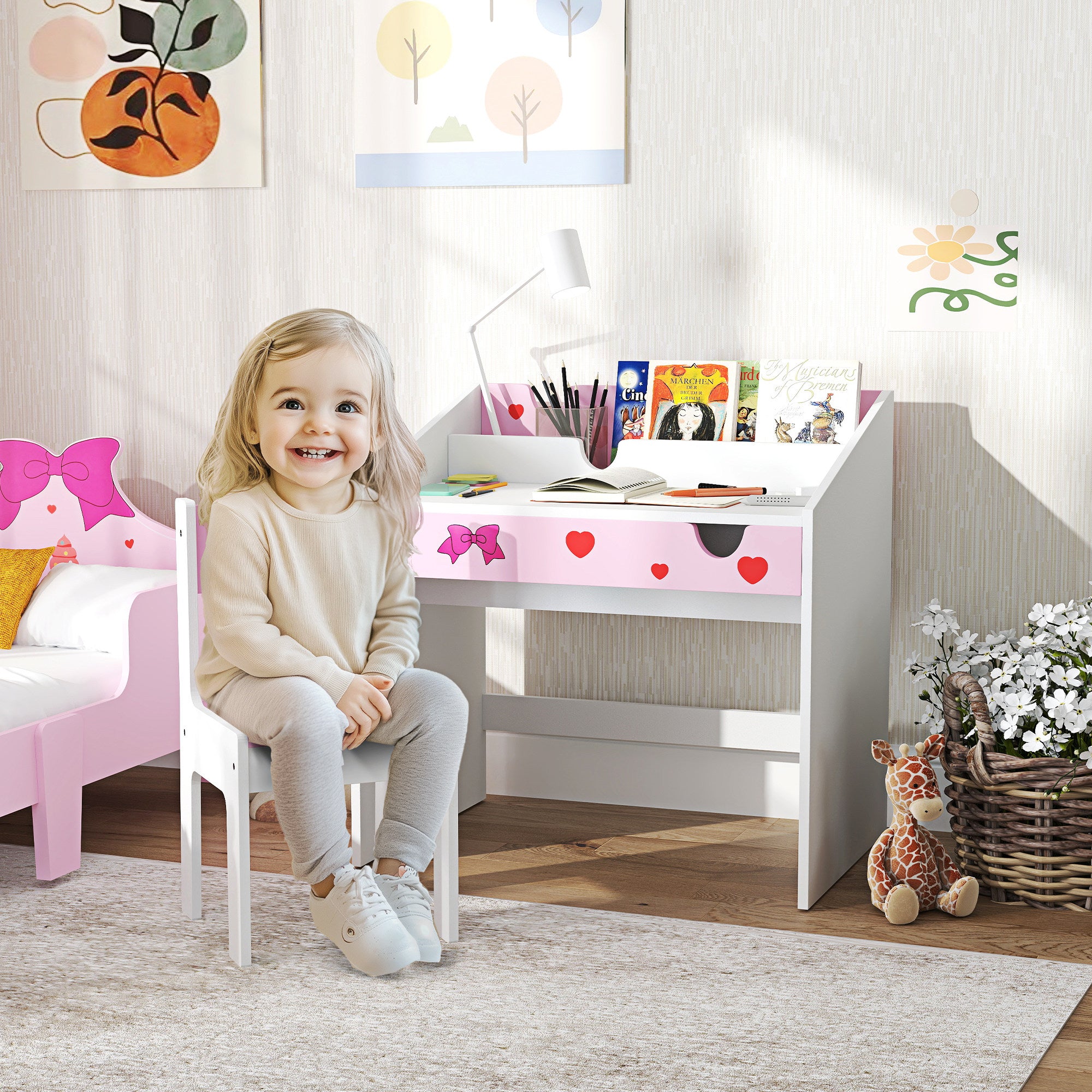 AIYAPLAY Children Study Table and Chair, Kids Desk and Chair Set with Storage, Pull-Out Drawer, for Ages 3-6 Years, Pink